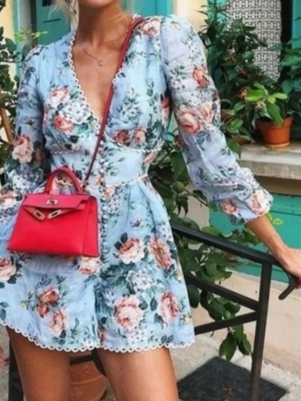 Zimmermann Floral Blue Long-Sleeve V-Neck Romper